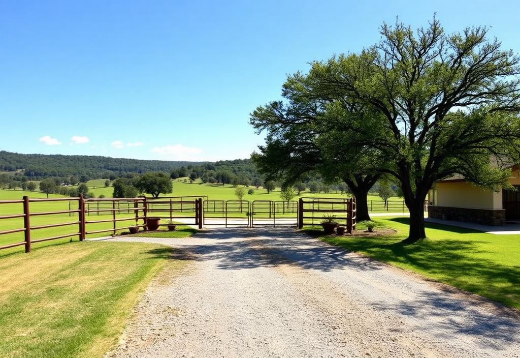 Clean ranch entrance with gravel driveway and pipe gate in Hill Country