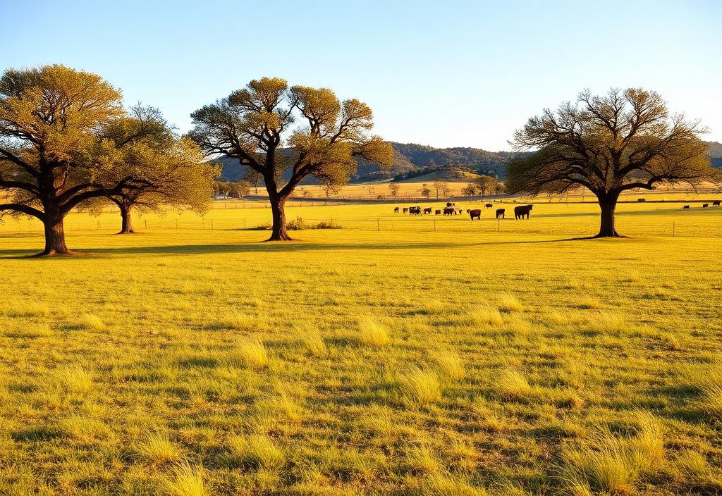 Cleared pastureland with cattle grazing under live oak trees